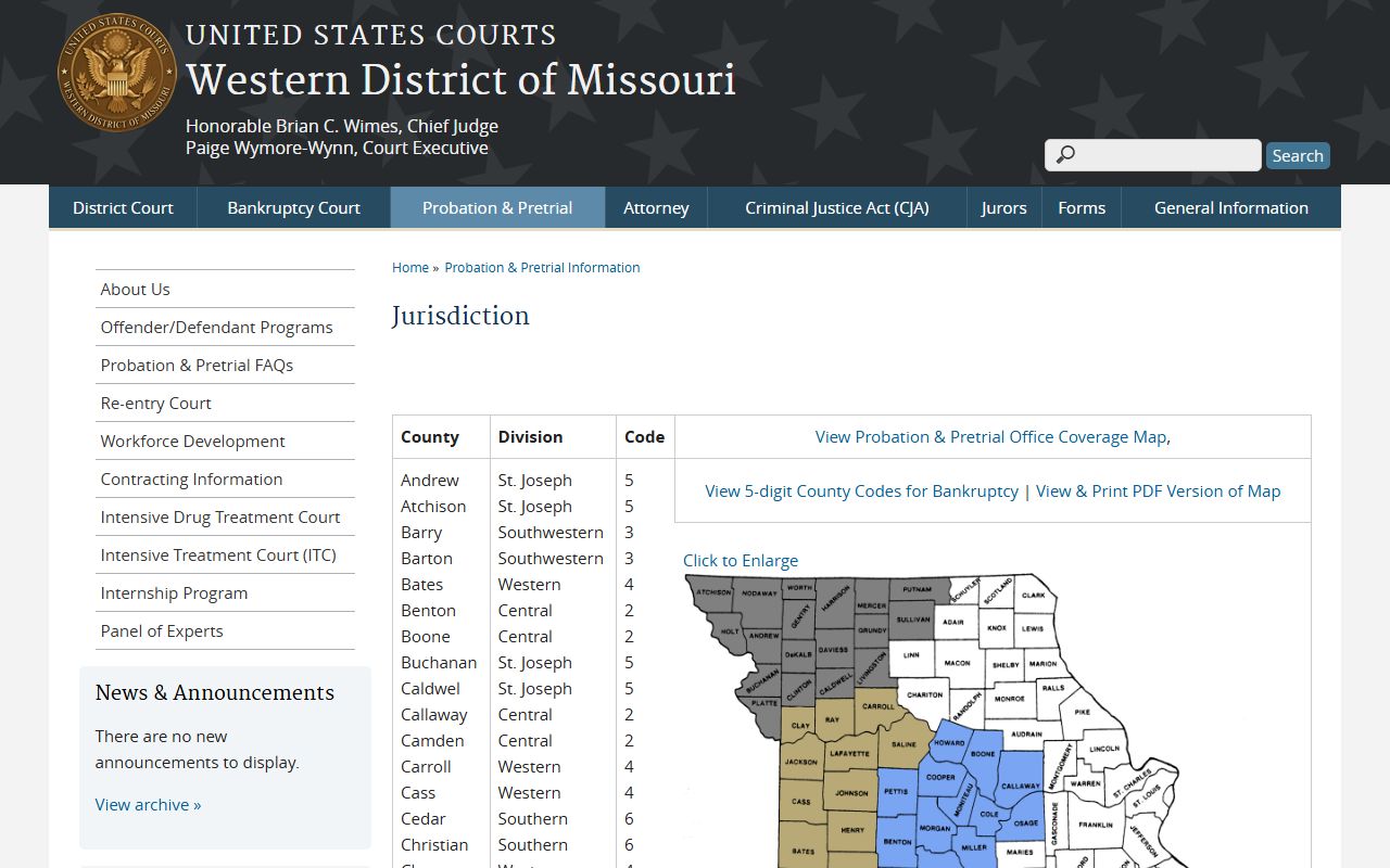 Western District of Missouri jurisdiction page listing covered counties