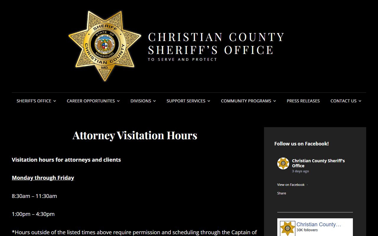 Christian County attorney visitation rules for jail inmate legal visits