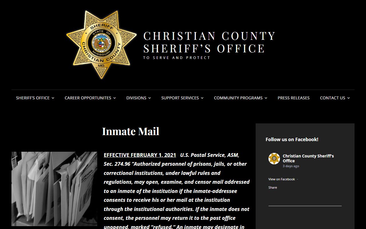 Christian County inmate mail rules for postcard-only personal mail