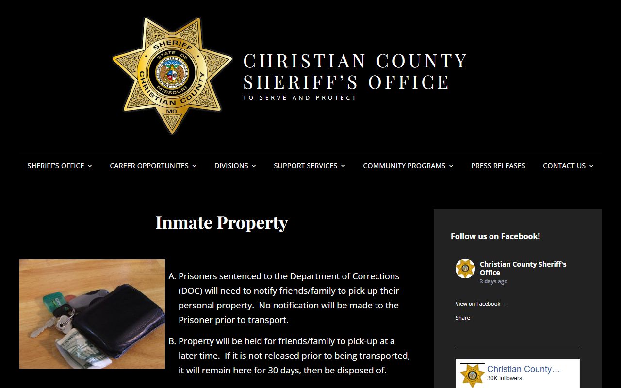 Christian County inmate property rules including DOC sentence property release