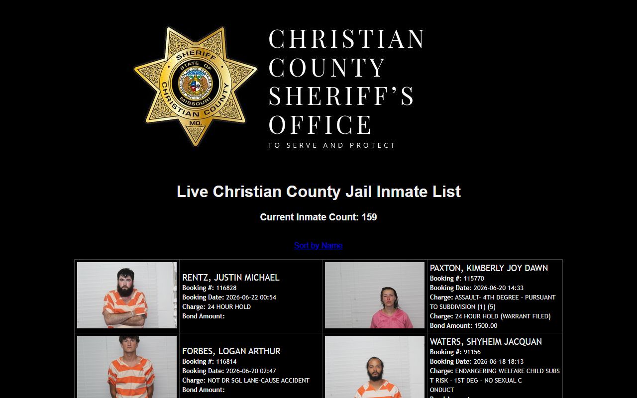 Christian County Jail inmate list sorted by name showing booking and charge fields