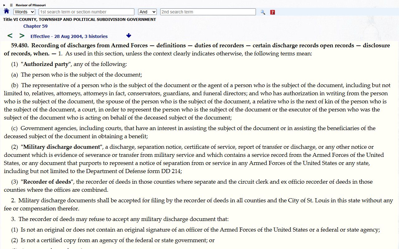 Missouri RSMo 59.480 military discharge record restriction page