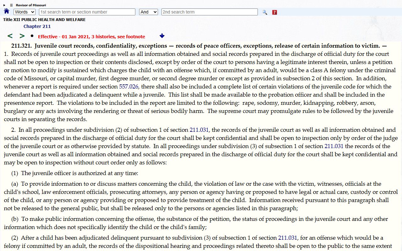 Missouri statute page for juvenile court records confidentiality