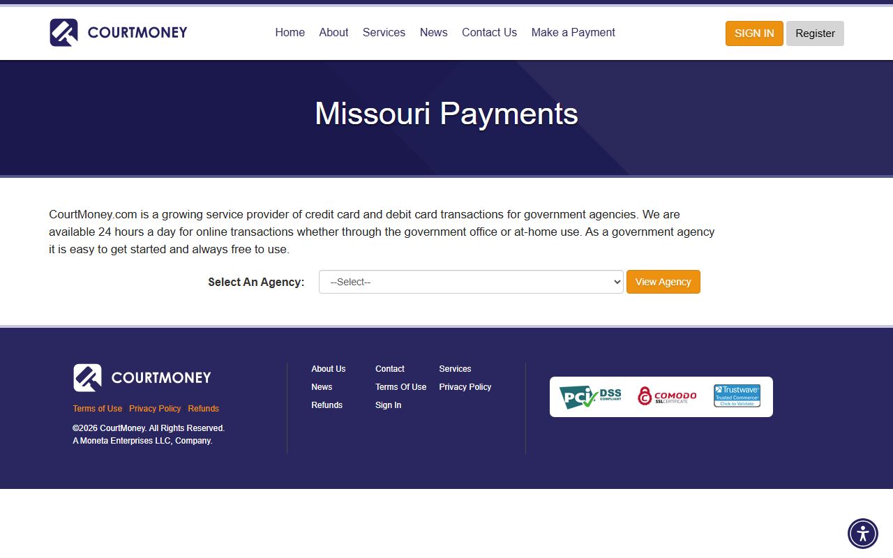 CourtMoney Missouri payments page with Christian County Circuit Clerk payment option