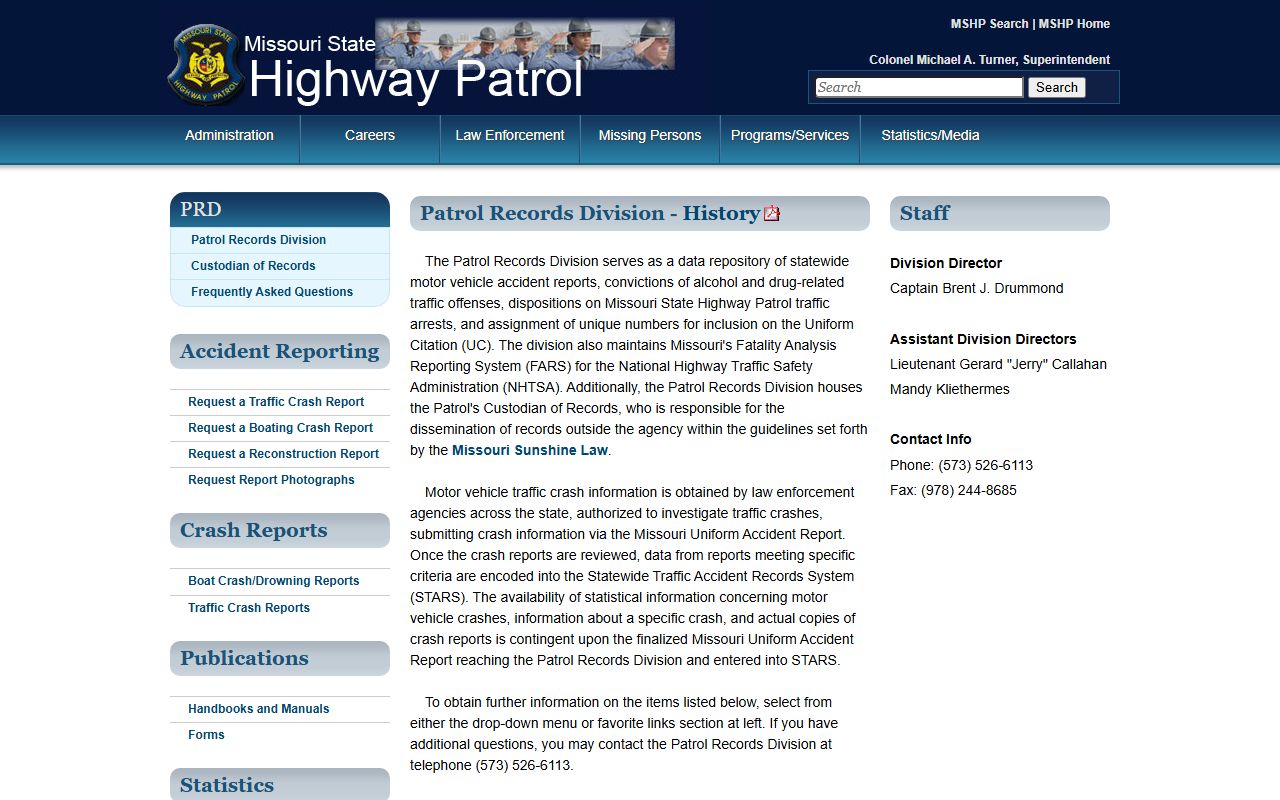 Missouri State Highway Patrol Patrol Records Division traffic and crash record page