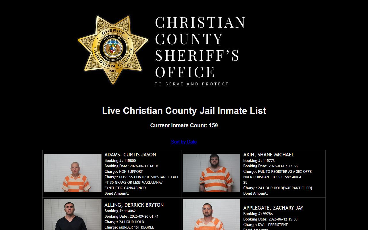 Christian County Jail inmate list sorted by booking date with charge and bond fields